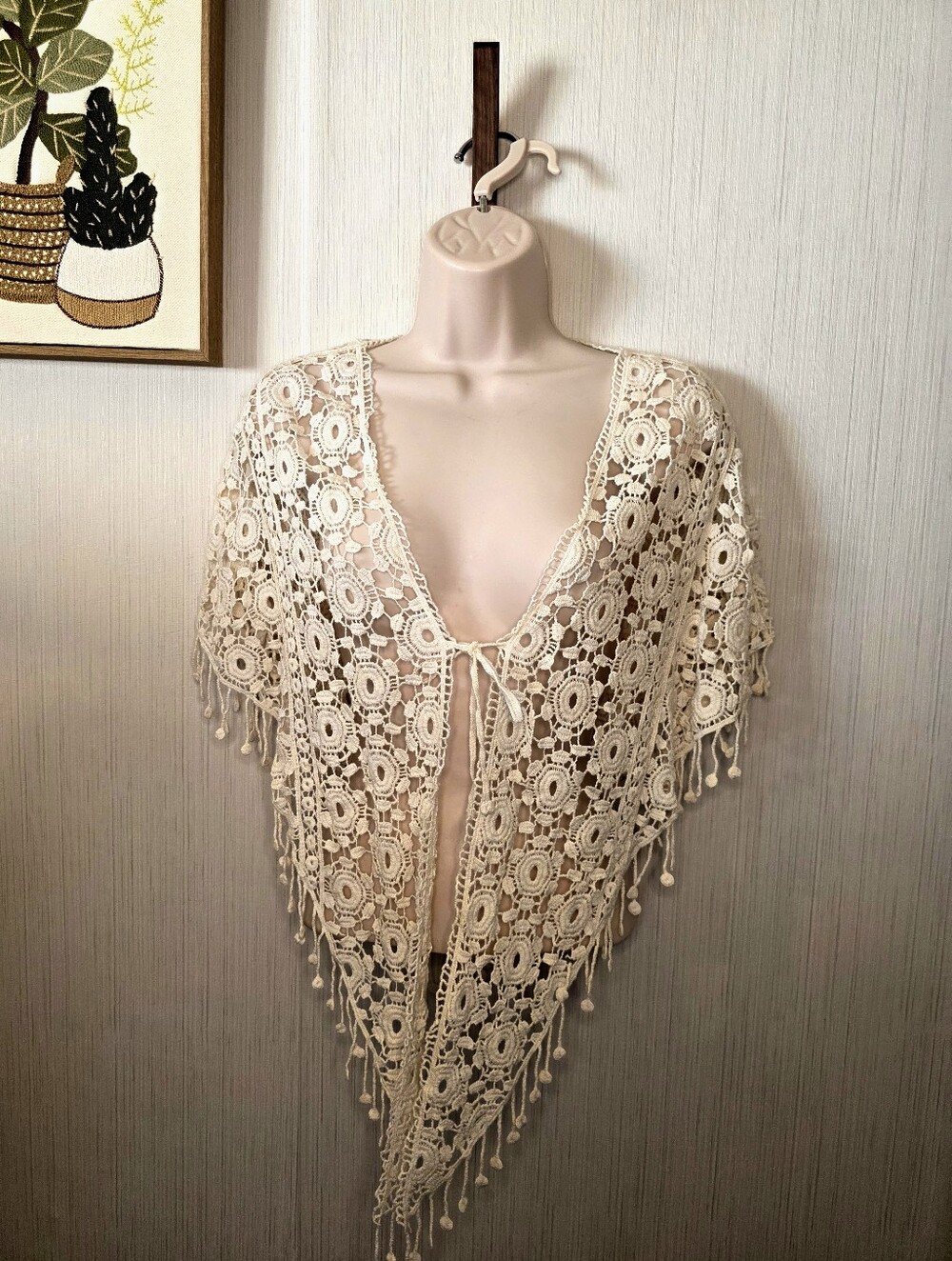 Crochet Lace Fringe Kimono Cover-Up in Cream